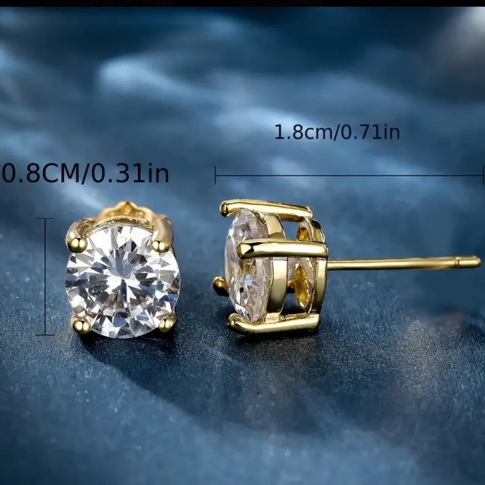 14K Gold Plated Round Diamond Zircon Stud Earrings - Picture 2 of 6